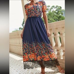 Navy Dress with Multi Color Floral Print Lace Hem Large (8/10)